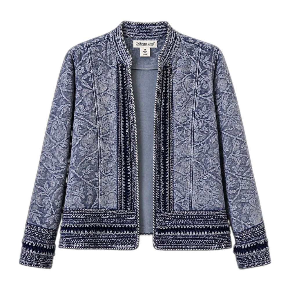 Coldwater Creek Womens M Blue Embroidered Jacquard Jacket Boho Open Front